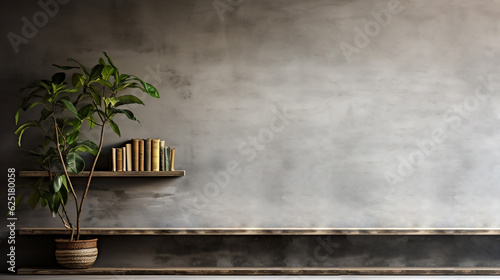Concrete Wall Texture with Shadow on Cement floor Background,Grey Studio Room with book shelf ,houseplant with sunlight effect on wall, Generative Ai. © Anchalee
