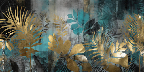 Lush tropical plants and graceful palm and monstera leaves background wallpaper pattern. Gold, black, teal and gray colors. Generative AI illustration