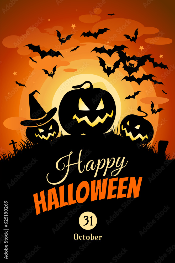 Halloween banner with black pumpkins and bats on the orange background, Illustration with place for text.
Halloween banner with black pumpkins and bats on the orange background, Illustration with place for text.
