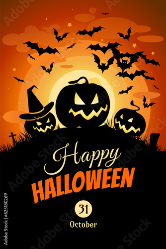 Halloween banner with black pumpkins and bats on the orange background, Illustration with place for text. 