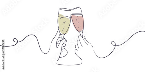 Continuous line champagne cheers one line art, continuous drawing contour. Hands toasting with wine glasses with drinks. Cheers toast festive decoration for holidays. Vector illustration