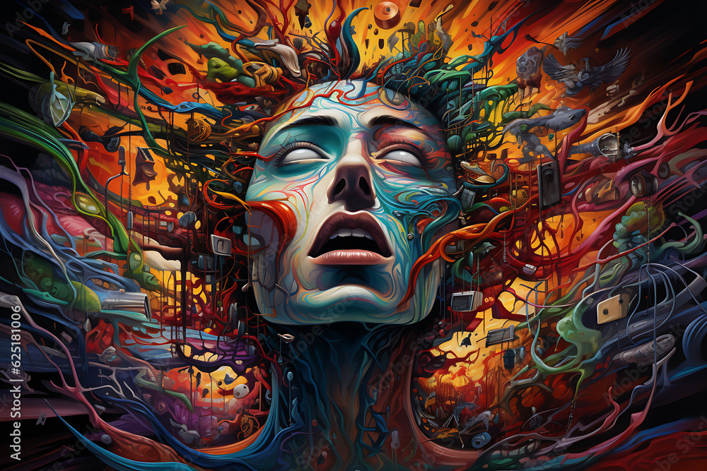 Complex and enigmatic realm of a schizophrenic patient's mind, symbolizing their unique experiences, struggles, and perceptions in a colorful vivid background