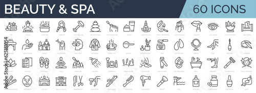 Set of 60 outline icons related to beauty and spa. Linear icon collection. Editable stroke. Vector illustration