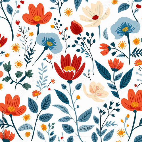 A vintage-inspired pattern of flowers cartoon style on a white background with generative AI technology