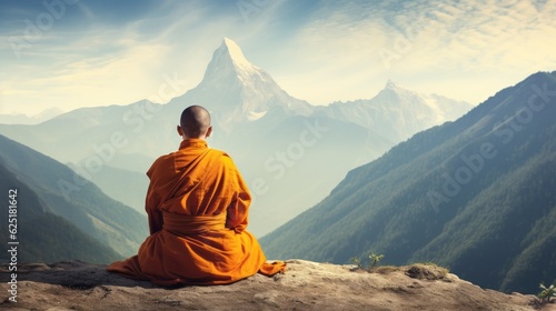Monk Meditating on His Back on Top of the Mountain