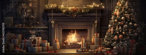 home sweet home Chalet With Christmas Decoration. Living Room Interior With Christmas Tree, Ornaments, Gift Boxes, Armchair And Fireplace,ai generate