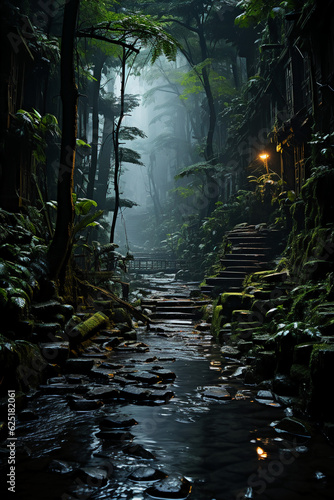 The dark jungle trail bathed in darkness and a creek. AI generative