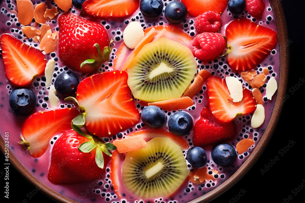 Healthy breakfast bowl with fresh berries - strawberries, blueberries, kiwi and almonds, balanced diet nutrient-rich, close-up photography. Generative AI