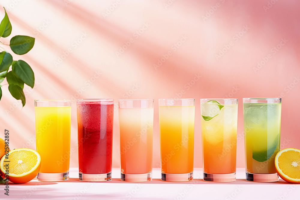 Fototapeta premium Variety of fresh fruit juices in glasses on pastel background with copy space. Generative AI