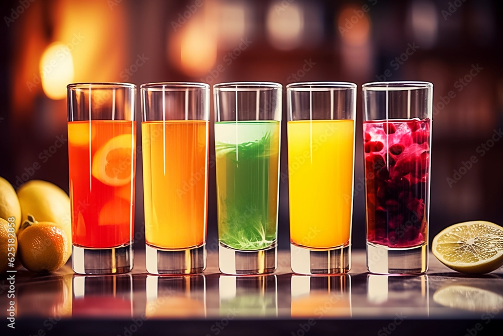 Different types of fruits juices in glasses, copy space. Wellbeing