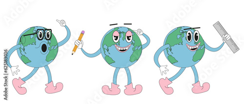 Set of cartoon Earth planet in glasses isolated on white background. Trendy retro Back to School Mascot. Y2K weird School character. Doodle hand drawn Earth. Vector illustration.