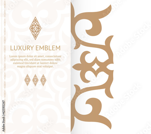 Golden vintage greeting card on a white background. Vector abstract design elements. Great for invitation and greeting cards, packaging, flyer, wallpaper or any desired idea. Luxury ornament template.