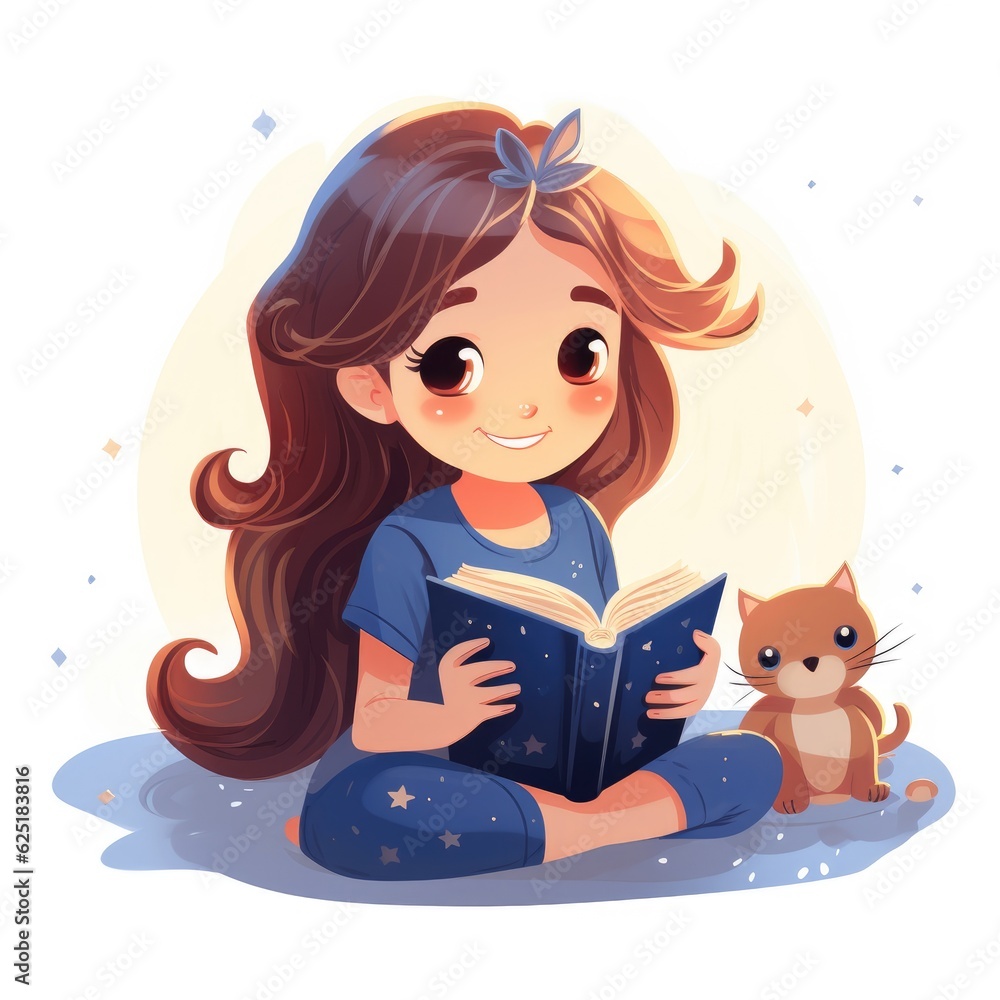 Cartoon little girl reading a book, AI generated Image