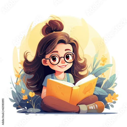 Cartoon little girl reading a book, AI generated Image