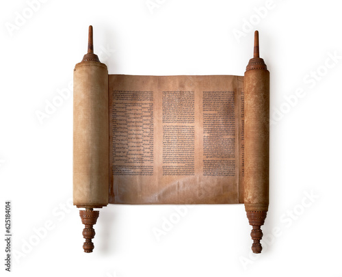 Ancient and precious Torah isolated on white background. Holy Book
