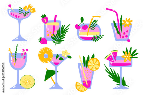 Cartoon tropical cocktails set. Color drinks on white background. Hand drawn liquor with straws, fruits, berries, leaves, spices. Beverage, soda, juice in glasses. Vector summer holiday illustration