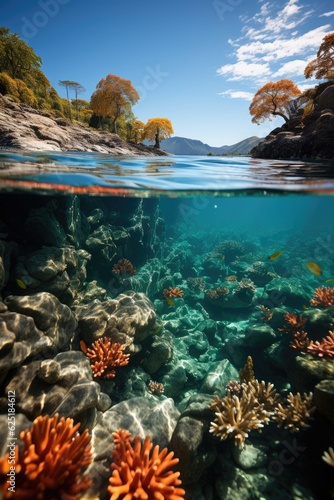 The water's surface reveals a view of a coral reef. (Generative AI)