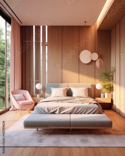 Modern chic interior design bedroom. Sleek design and comfortable bed with perfect fittings. Bright and cozy modern bedroom with dressing room
