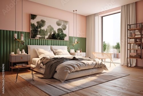 Modern chic interior design bedroom. Sleek design and comfortable bed with perfect fittings. Bright and cozy modern bedroom with dressing room © aboutmomentsimages