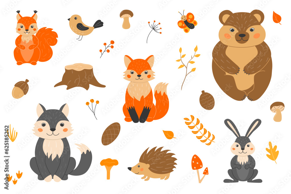 Obraz premium Vector illustration with cute forest animals in cartoon style. Squirrel, fox, wolf, bear, hedgehog, butterfly, bird. Twigs, cones, acorn, leaves, grass. Autumn in the forest.