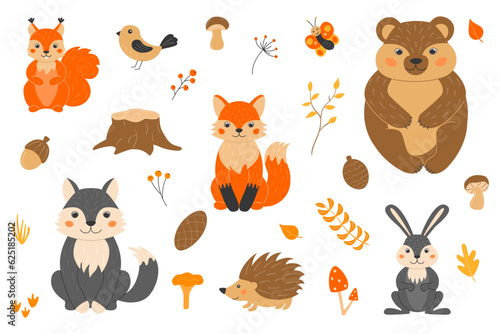Vector illustration with cute forest animals in cartoon style. Squirrel  fox  wolf  bear  hedgehog  butterfly  bird. Twigs  cones  acorn  leaves  grass. Autumn in the forest.