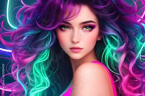 Beautiful girl with neon hair waves ai generative art