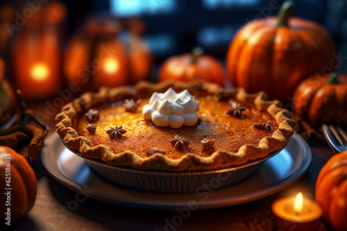 Freshly baked pumpkin pie lies on the table. On the table next to the pie ripe garden pumpkin lie nearby. Cozy rustic style, homemade cakes. Generated by AI