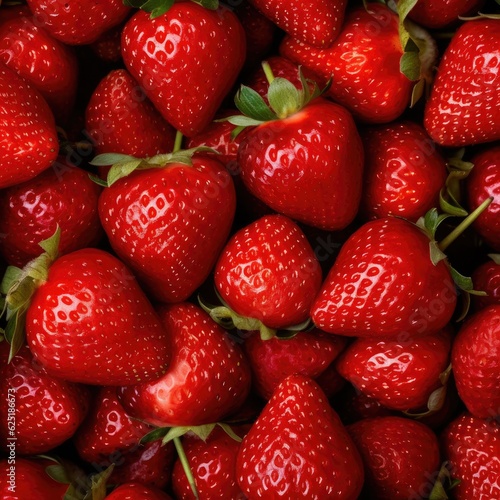 Red ripe strawberries background. Close up, top view.  Generative AI.