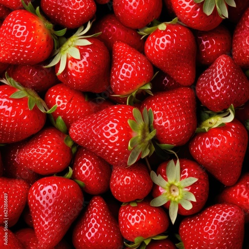 Red ripe strawberries background. Close up, top view. Generative AI.