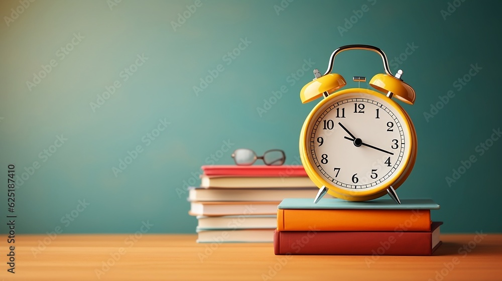 Retro yellow alarm clock and vision glasses stand on a stack of colored books on a wooden table on a blurred green school board background with copy space, back to school concept, promo banner Retro yellow alarm clock and vision glasses stand on a stack of colored books on a wooden table on a blurred green school board background with copy space, back to school concept, promo banner