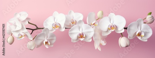 Orchids flowers background banner panorama - Beautiful blooming white orchid branch, (orchidaceae), isolated on pink table background, top view (Generative Ai)