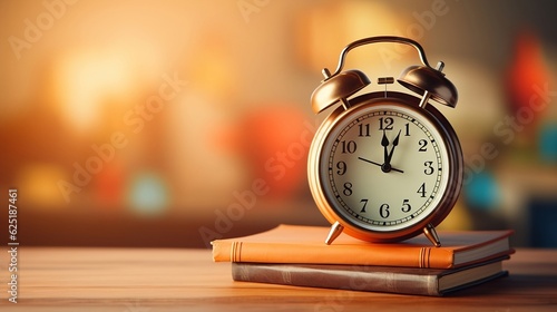 Golden alarm clock stands on top of a stack of books or notebooks on a wooden table on a blurred orange autumn background with space for text, back to school concept, promo banner