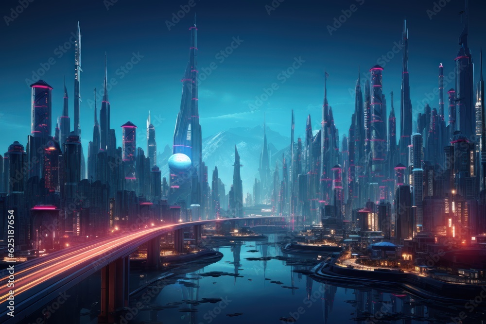 Night Neon Cyberpunk City concept. Sci-Fi Futuristic City Concept. Cyberpunk. Landscape Neon Futuristic City. Futuristic City Skyscraper. Made With Generative AI. 