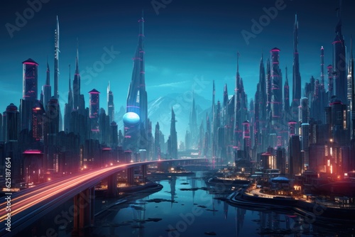 Night Neon Cyberpunk City concept. Sci-Fi Futuristic City Concept. Cyberpunk. Landscape Neon Futuristic City. Futuristic City Skyscraper. Made With Generative AI. 