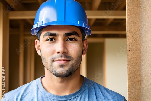 Handsome construction worker in blue helmet ai generative image