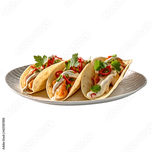 tacos, beautiful on a serving plate, delicious and warm, transparent background