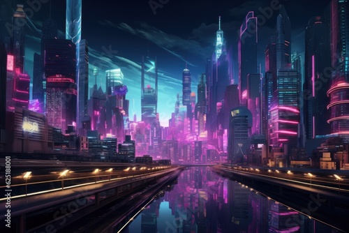 Night Neon Cyberpunk City concept. Sci-Fi Futuristic City Concept. Cyberpunk. Landscape Neon Futuristic City. Futuristic City Skyscraper. Made With Generative AI.  © John Martin