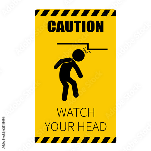 Printable black yellow safety safety sign mind your head, low up ceiling caution, head lowering instruction, drop hazard with illustration man walking with head hit low ceiling