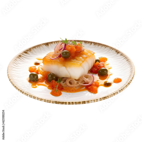 Bacalao a la vizcaína, beautiful on a serving plate, delicious and warm, transparent background photo