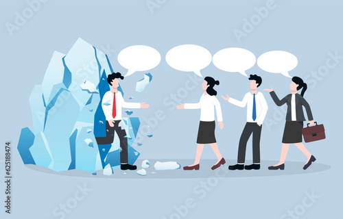 Breaking the ice, warm and friendly greeting, business meeting with positive atmosphere concept, Businessman breaking through ice to have conversation with new colleagues.