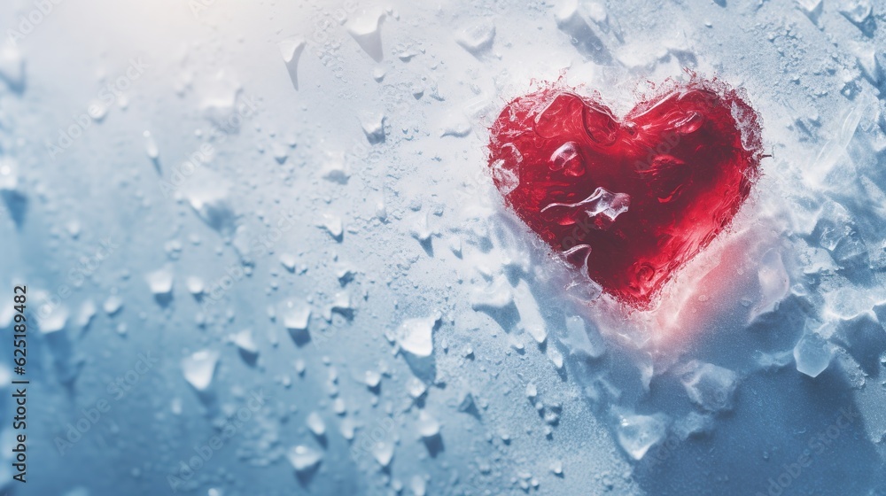 A red heart frozen in ice as a symbol of betrayal in love. Cold feeling. Generative AI illustration for cover, card, postcard, interior design, decor or print.