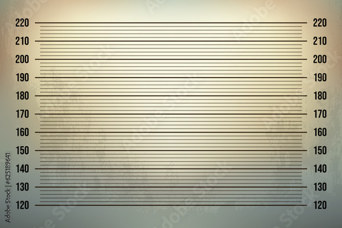 Mugshot in the police station with backlit retro background on the old wall. Identification of height with measurement line in centimeters in the investigation room. Vintage vector template