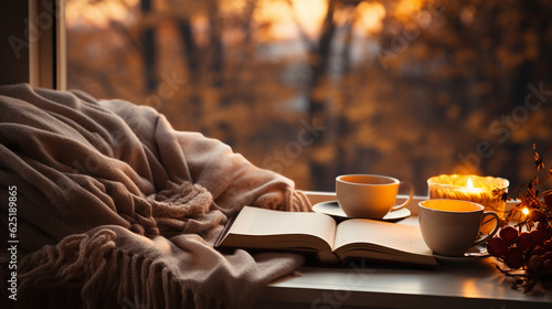 Cozy reading nook with a cup of tea, lifestyle, background, blurred Generative AI