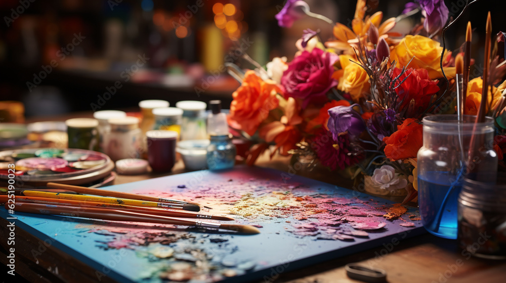 Art supplies and sketchbook, lifestyle, background, blurred Generative AI Art supplies and sketchbook, lifestyle, background, blurred Generative AI