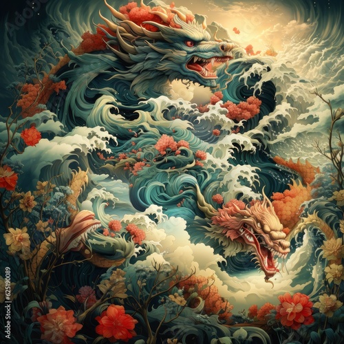 A vintage style Japanese dragon illustration © miketea88