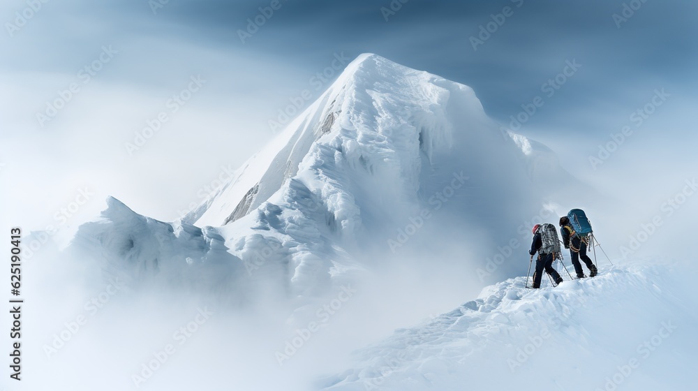 Two climbers climb to the top of a snowy mountain. Professional hiking. Climbing team. Tourism or sport life style concept. Generative AI illustration for cover, postcard, interior design or print.