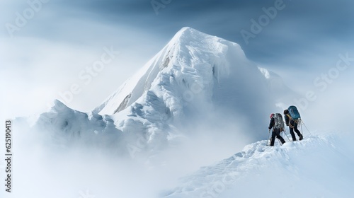 Two climbers climb to the top of a snowy mountain. Professional hiking. Climbing team. Tourism or sport life style concept. Generative AI illustration for cover, postcard, interior design or print.