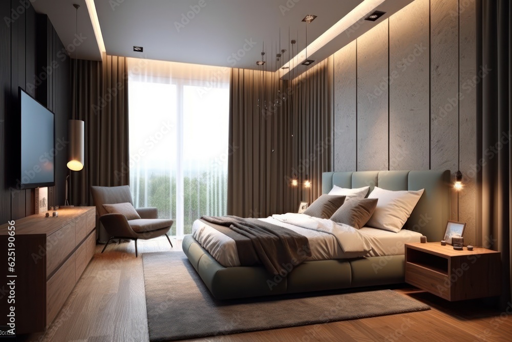Contemporary bedroom filled with natural light, highlighting its minimalist decor and stylish comfort.. Contemporary bedroom filled with natural light, highlighting its minimalist decor and stylish comfort..
