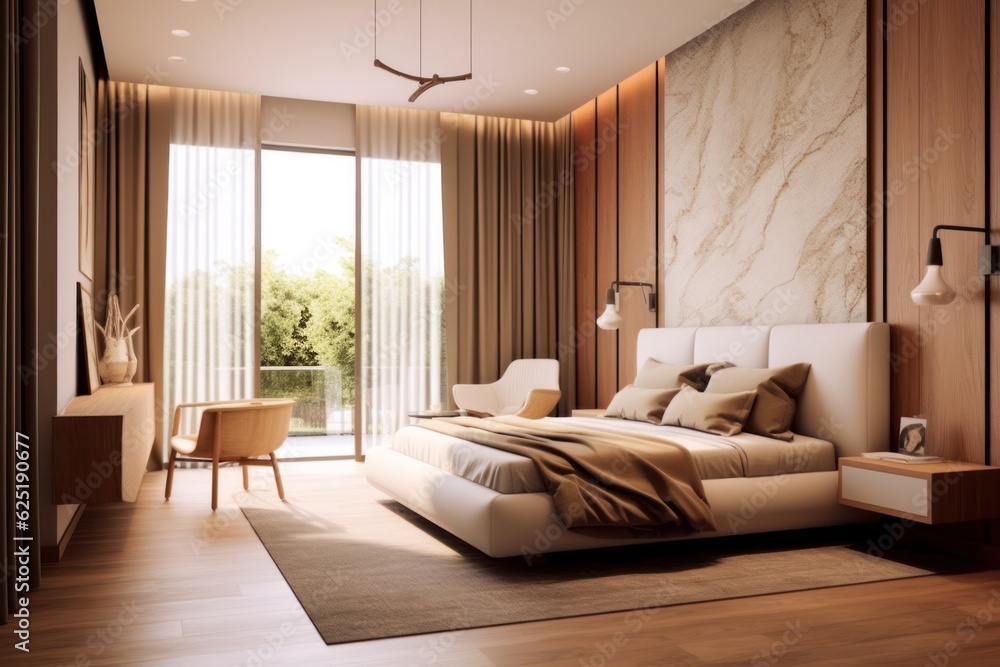 Contemporary bedroom filled with natural light, highlighting its minimalist decor and stylish comfort..