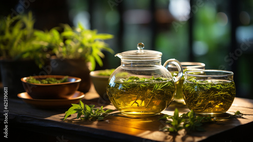 Organic tea leaves and teapot, lifestyle, background, blurred Generative AI